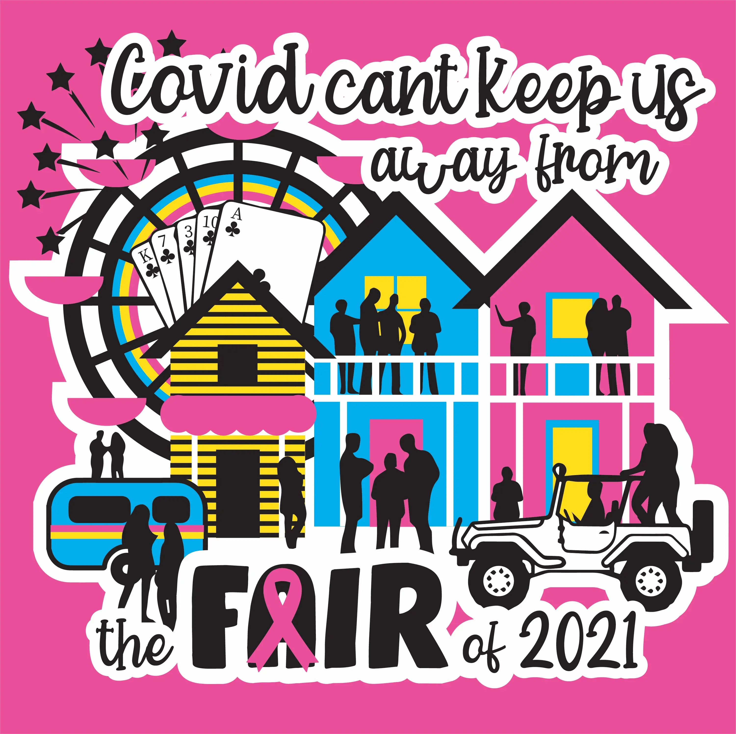 Fair cabins, ferris wheel, jeep, RV and playing cards on a pink background